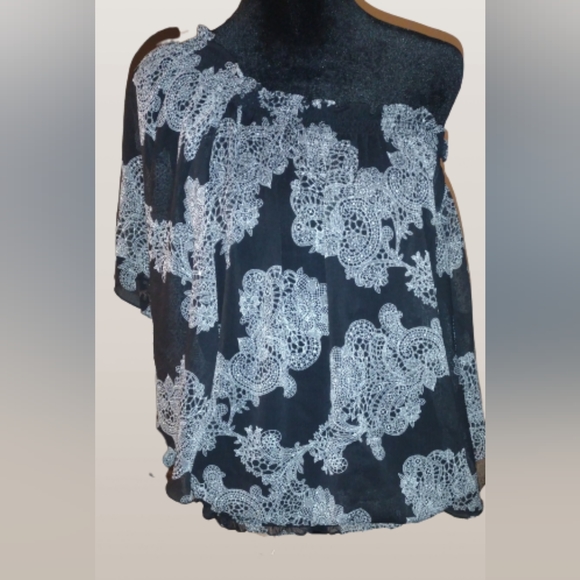 None Tops - Black and white floral blouse